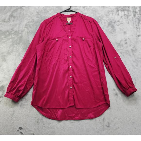 JM Collection Top Womens 14 Dark Pink Stretch Satin Button Up Roll Tab Sleeves - Picture 1 of 10
